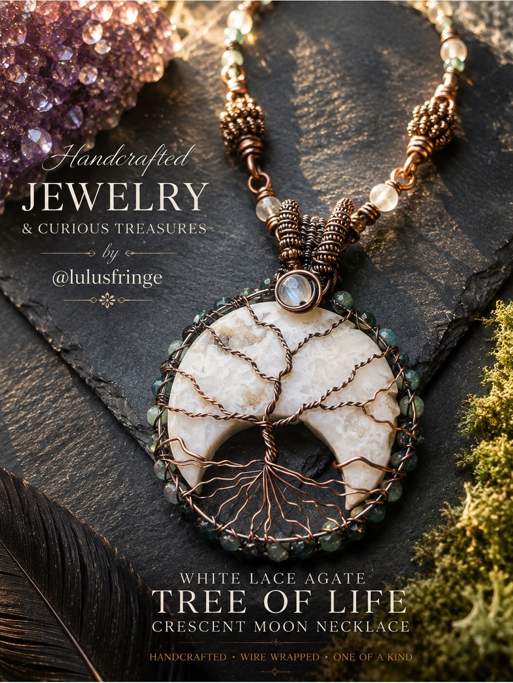 Artisan White Lace Agate Tree of Life Crescent Moon Boho  Necklace
